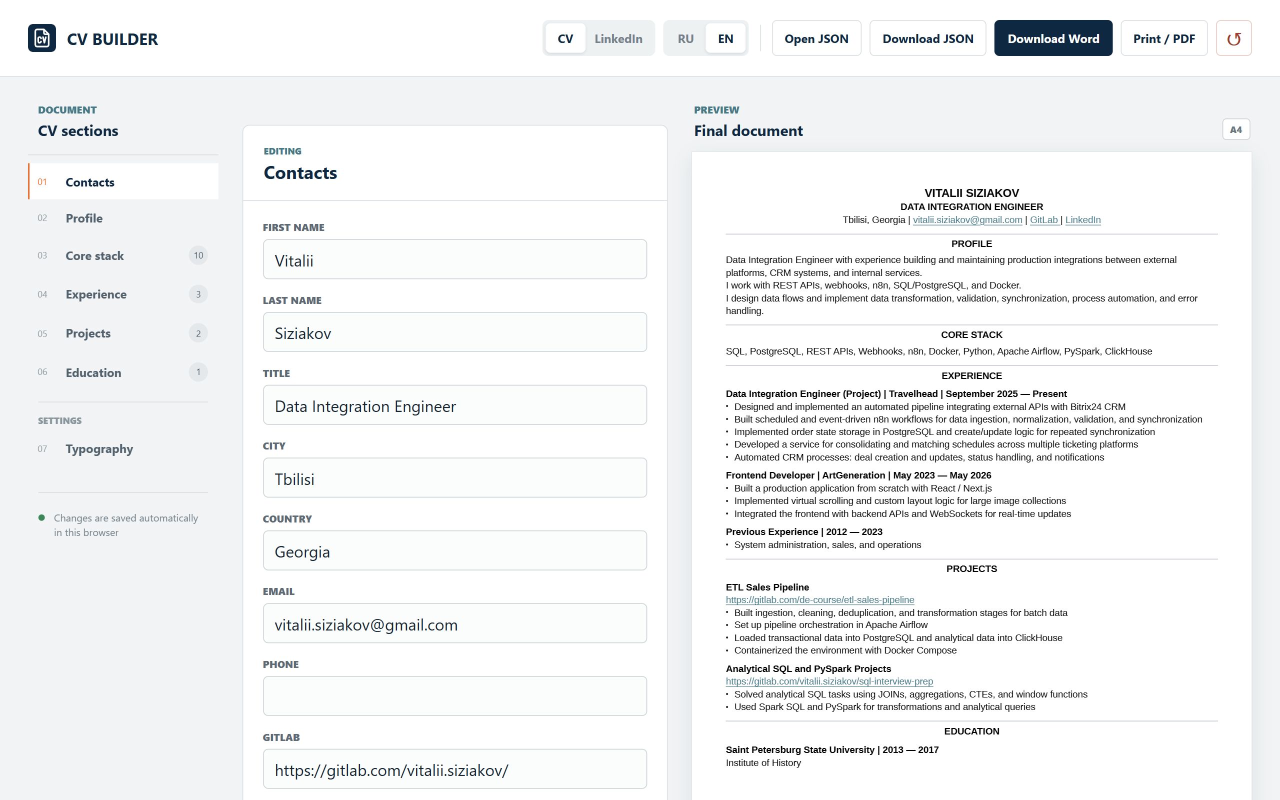 CV Builder application interface